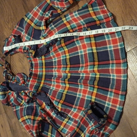 We The Free Holiday Party Plaid Square Neck Ruffle Shoulder Long Sleeve Top A44 - Picture 4 of 6